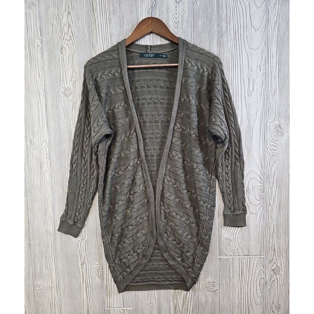 Lauren Ralph Lauren Cardigan‎ Sweater Women's L/XL Olive Green Cable Knit Open